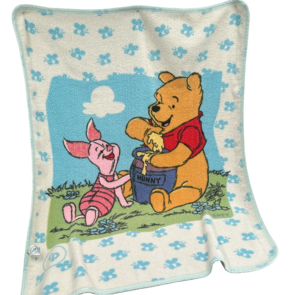 VTG CP Disney Winnie Pooh Piglet Blanket Honey Pot Acrylic Double Sided 55"x45"